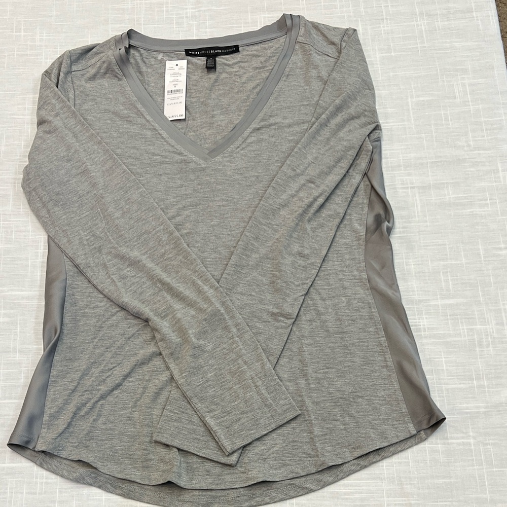 NWT White House Black Market Gray Long Sleeve V-Neck Top--Size S